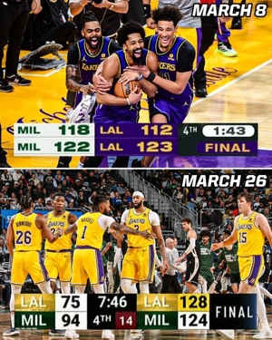 Cả hai lần đều là những sự đảo ngược lớn! Lần cuối cùng Lakers đánh bại Bucks, họ đã dẫn trước 6 điểm trong 100 giây cuối cùng.